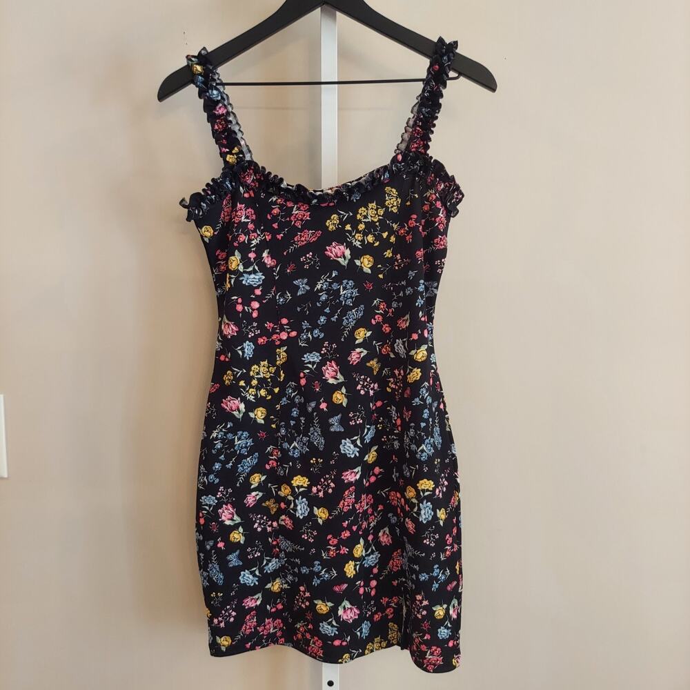 H&M Divided Dress M Bodycon Floral Ruffle Mini‎ Whimsy Whimsigoth Dark Fairy